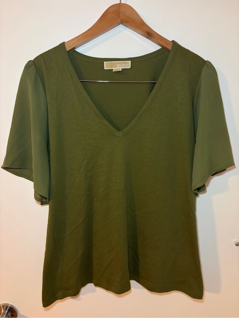 Michael Kors Olive Green V-Neck Flutter Sleeve Tee